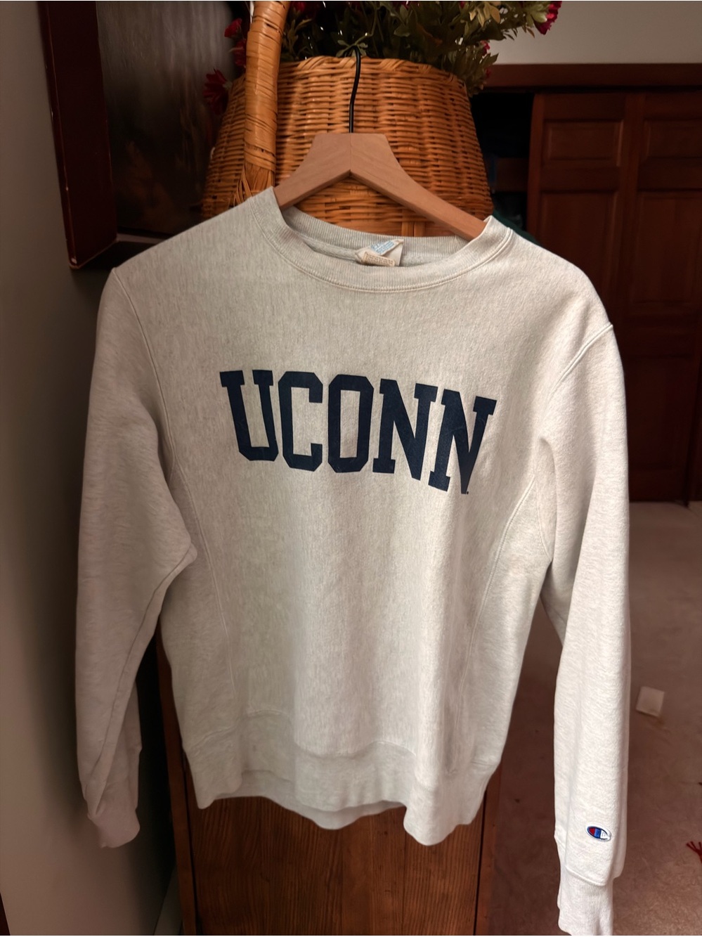 Champion Light Gray Crewneck Sweatshirt with Navy UCONN Logo
